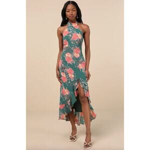 Lulus Elegant Entrance Teal Green Floral Print Halter Maxi Dress Medium NWT